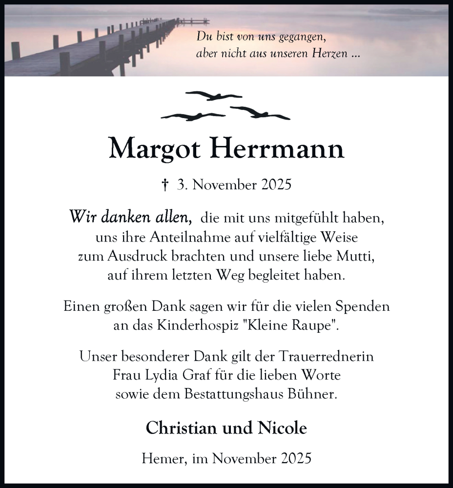  Traueranzeige für Margot Herrmann vom 29.11.2025 aus Tageszeitung