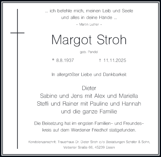 Traueranzeige von Margot Stroh von Tageszeitung