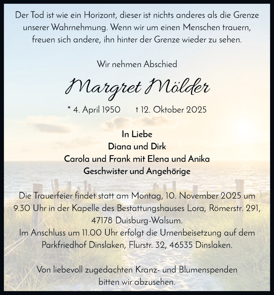  Traueranzeige für Margret Mölder vom 05.11.2025 aus Tageszeitung