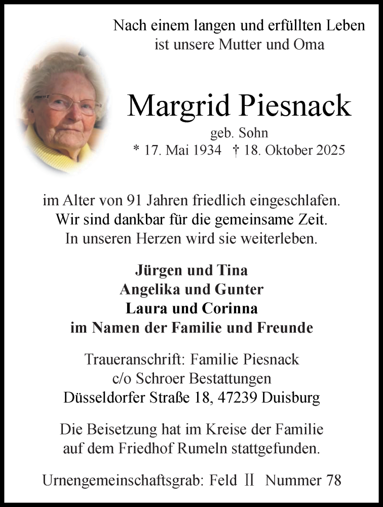  Traueranzeige für Margrid Piesnack vom 15.11.2025 aus Tageszeitung