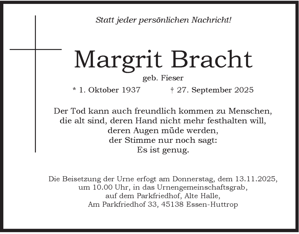  Traueranzeige für Margrit Bracht vom 08.11.2025 aus Tageszeitung
