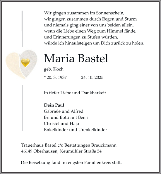 Traueranzeige von Maria Bastel von Tageszeitung
