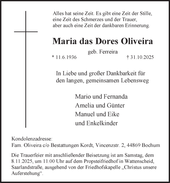 Traueranzeige von Maria  das Dores Oliveira von Tageszeitung