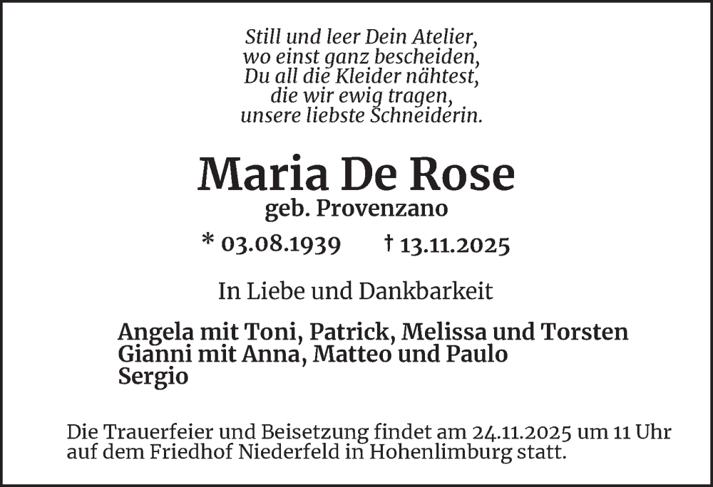  Traueranzeige für Maria De Rose vom 22.11.2025 aus Tageszeitung