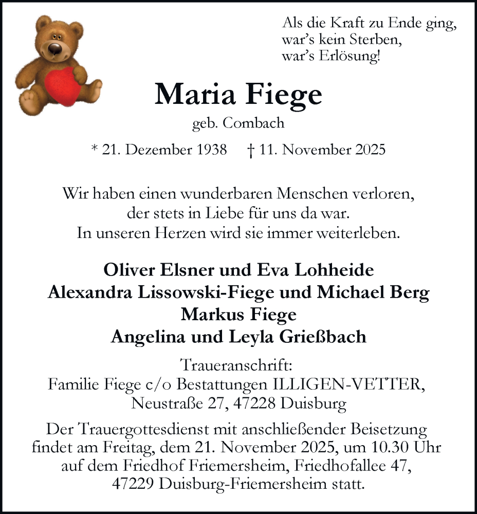  Traueranzeige für Maria Fiege vom 19.11.2025 aus Tageszeitung
