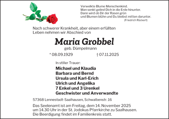 Traueranzeige von Maria Grobbel von Tageszeitung