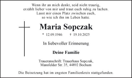 Traueranzeige von Maria Sopczak von Tageszeitung