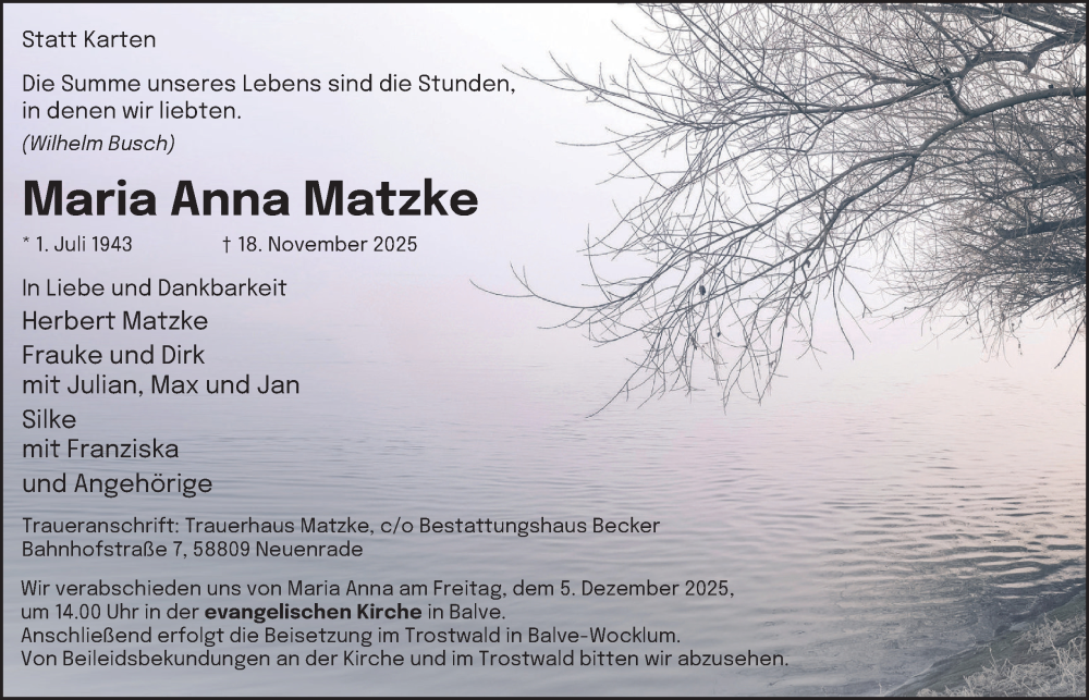  Traueranzeige für Maria Anna Matzke vom 22.11.2025 aus Tageszeitung