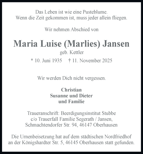 Traueranzeige von Maria Luise Jansen von Tageszeitung