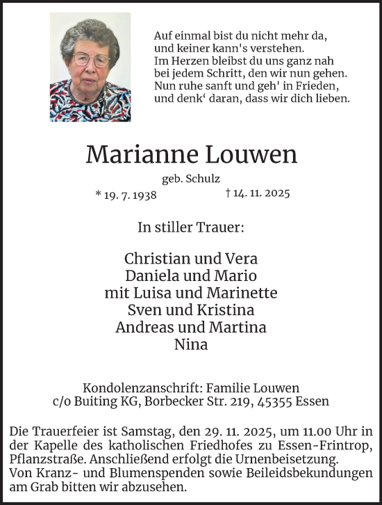 Traueranzeige von Marianne Louwen von Tageszeitung