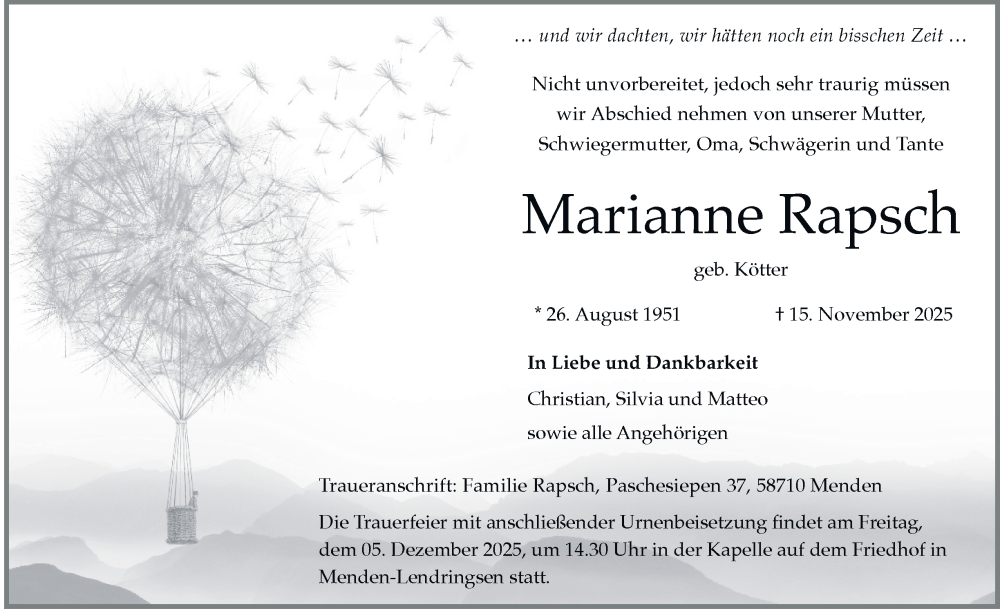  Traueranzeige für Marianne Rapsch vom 29.11.2025 aus Tageszeitung