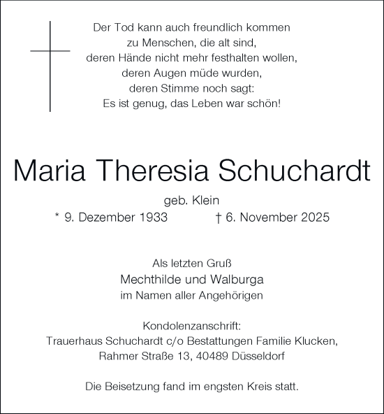 Traueranzeige von Maria Theresia Schuchardt von Tageszeitung