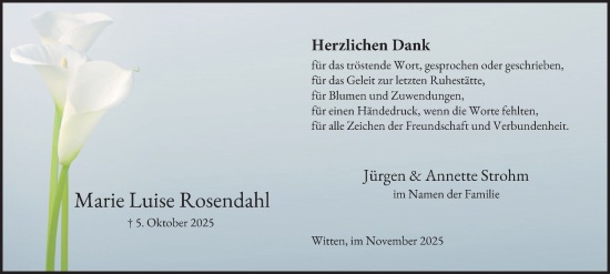 Traueranzeige von Marie Luise Rosendahl von Tageszeitung