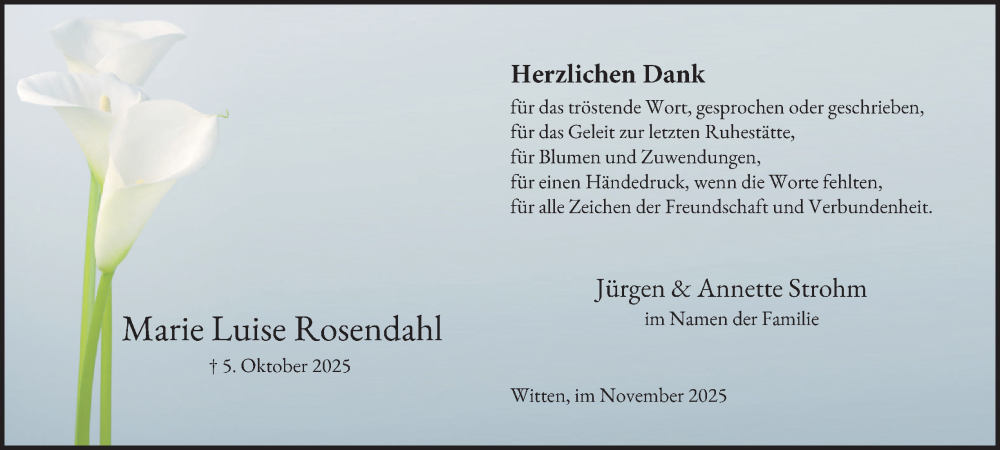 Traueranzeige für Marie Luise Rosendahl vom 08.11.2025 aus Tageszeitung