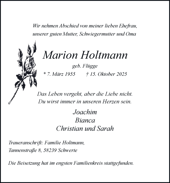 Traueranzeige von Marion Holtmann von Tageszeitung