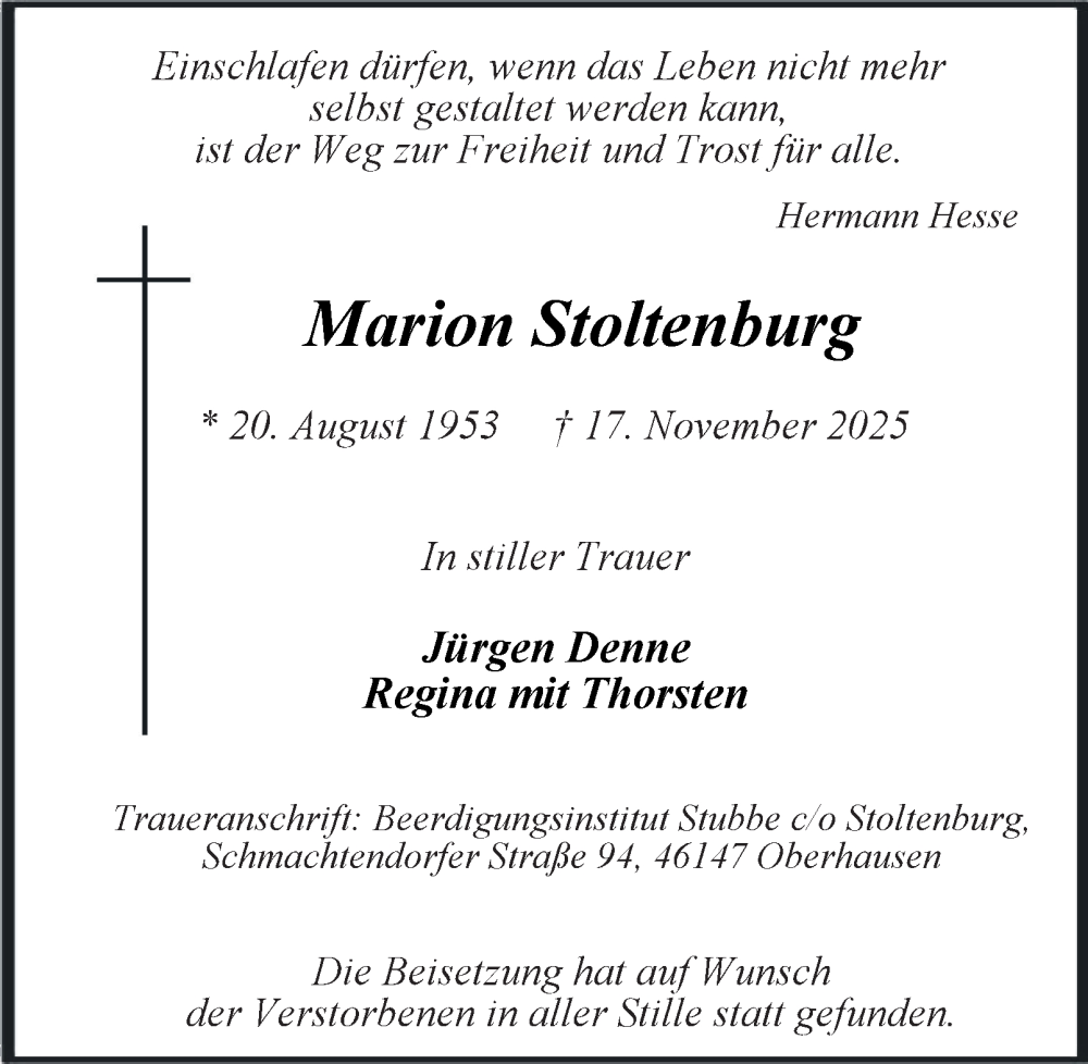  Traueranzeige für Marion Stoltenburg vom 29.11.2025 aus Tageszeitung