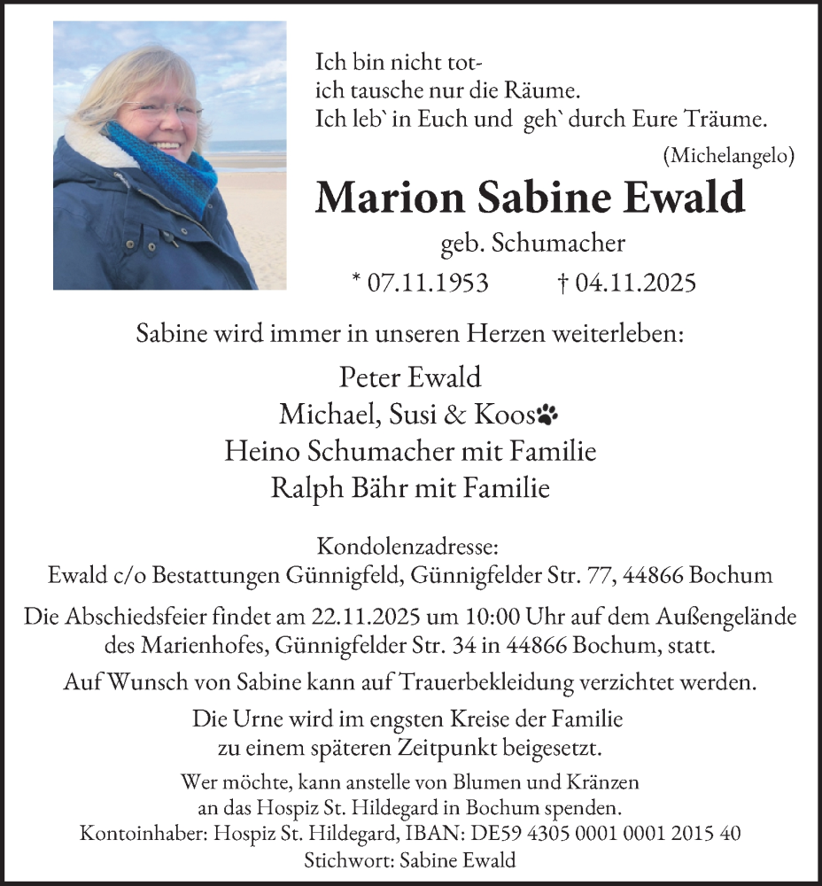  Traueranzeige für Marion Sabine Ewald vom 15.11.2025 aus Tageszeitung
