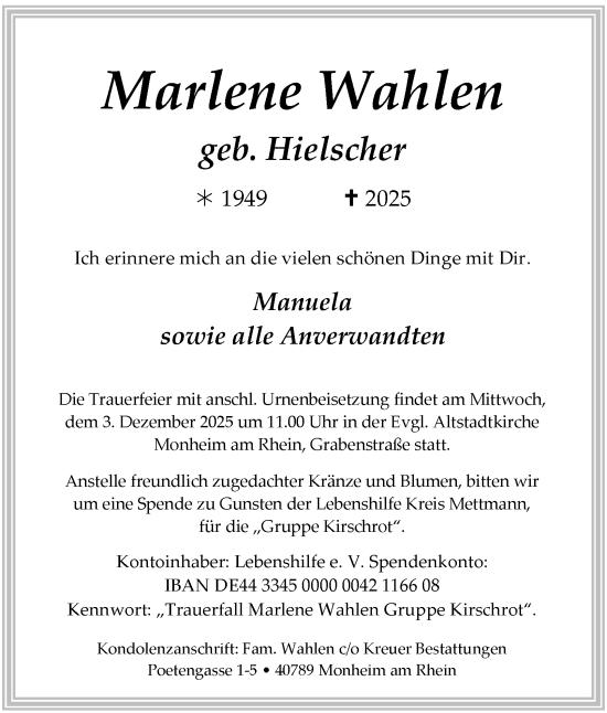 Traueranzeige von Marlene Wahlen von Tageszeitung