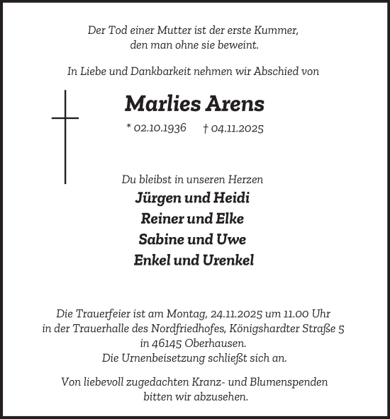Traueranzeige von Marlies Arens von Tageszeitung