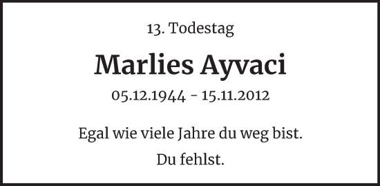 Traueranzeige von Marlies Ayvaci von Tageszeitung