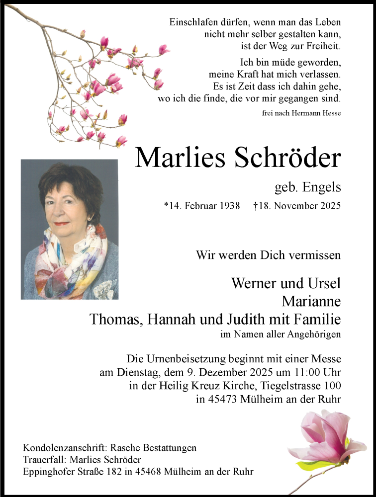  Traueranzeige für Marlies Schröder vom 29.11.2025 aus Tageszeitung