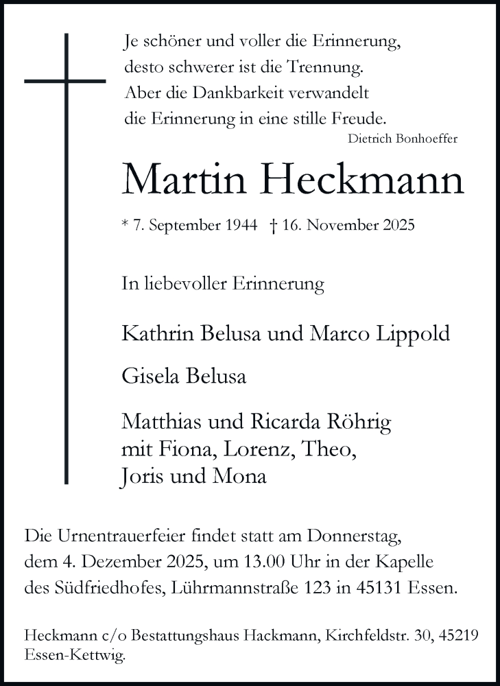  Traueranzeige für Martin Heckmann vom 22.11.2025 aus Tageszeitung