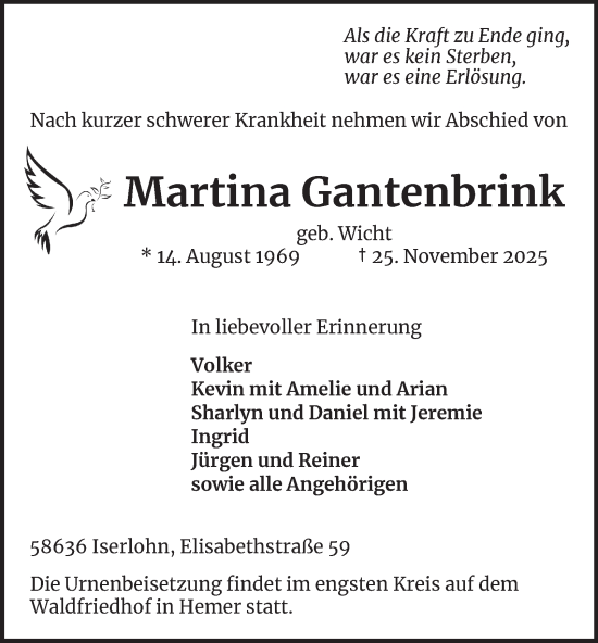 Traueranzeige von Martina Gantenbrink von Tageszeitung