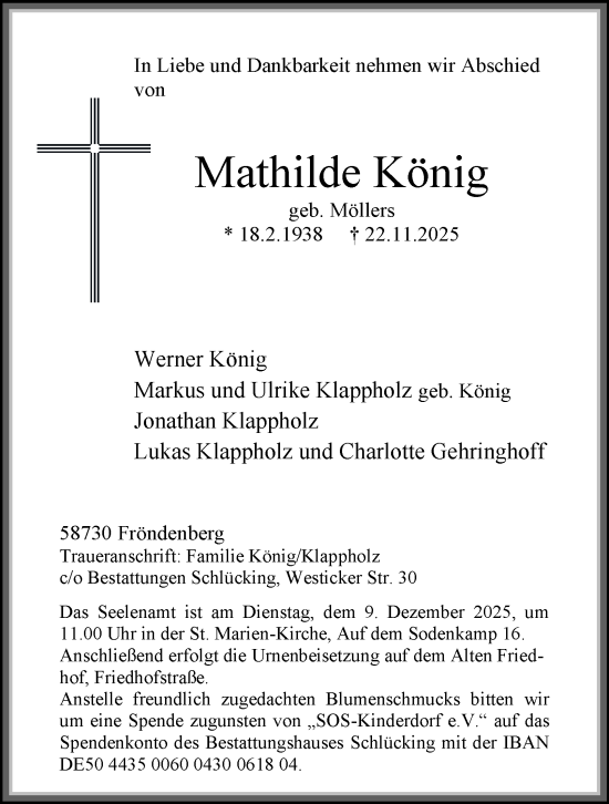 Traueranzeige von Mathilde König von Tageszeitung