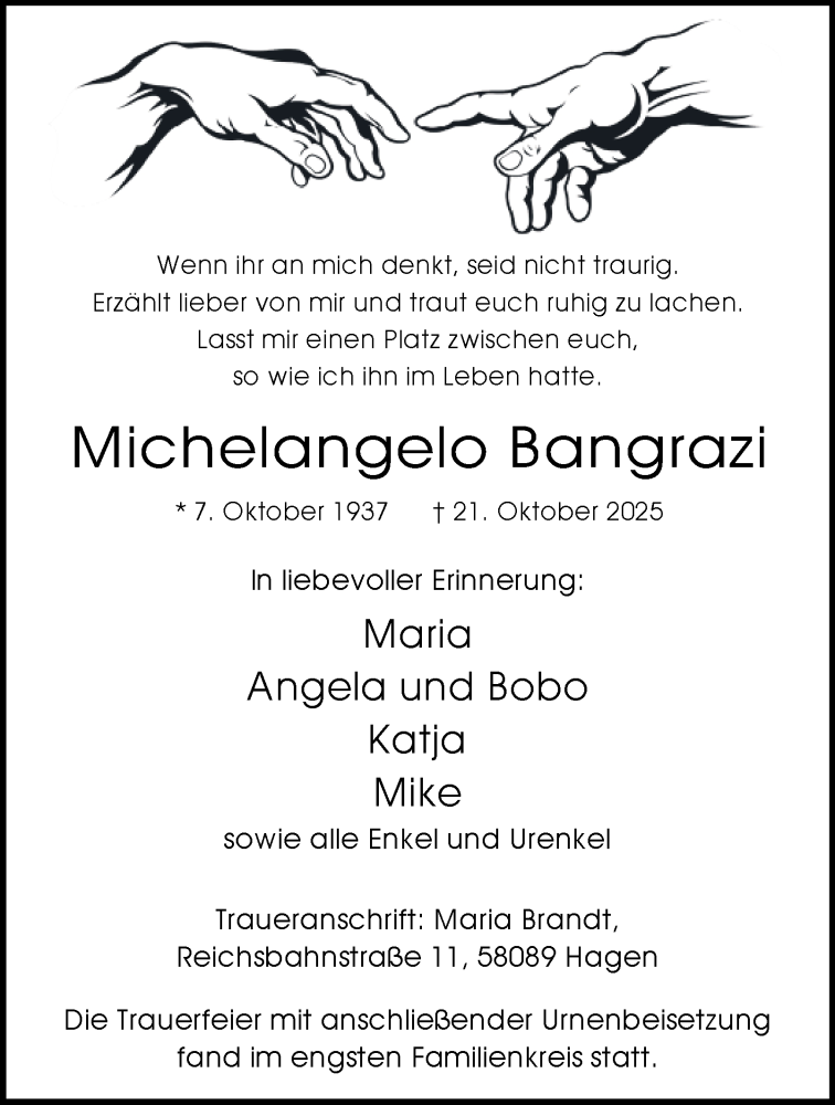  Traueranzeige für Michelangelo Bangrazi vom 08.11.2025 aus Tageszeitung