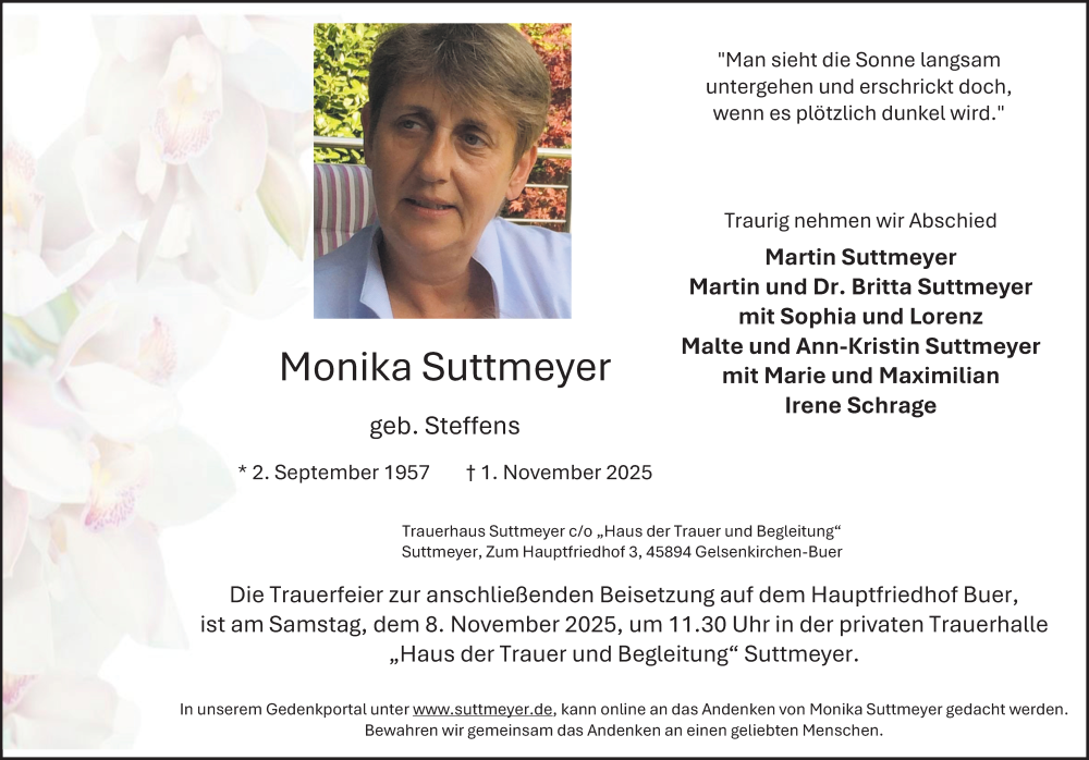  Traueranzeige für Monika Suttmeyer vom 05.11.2025 aus Tageszeitung