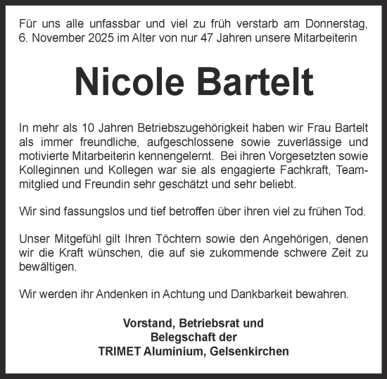 Traueranzeige von Nicole Bartelt von Tageszeitung