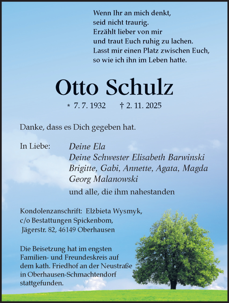  Traueranzeige für Otto Schulz vom 15.11.2025 aus Tageszeitung