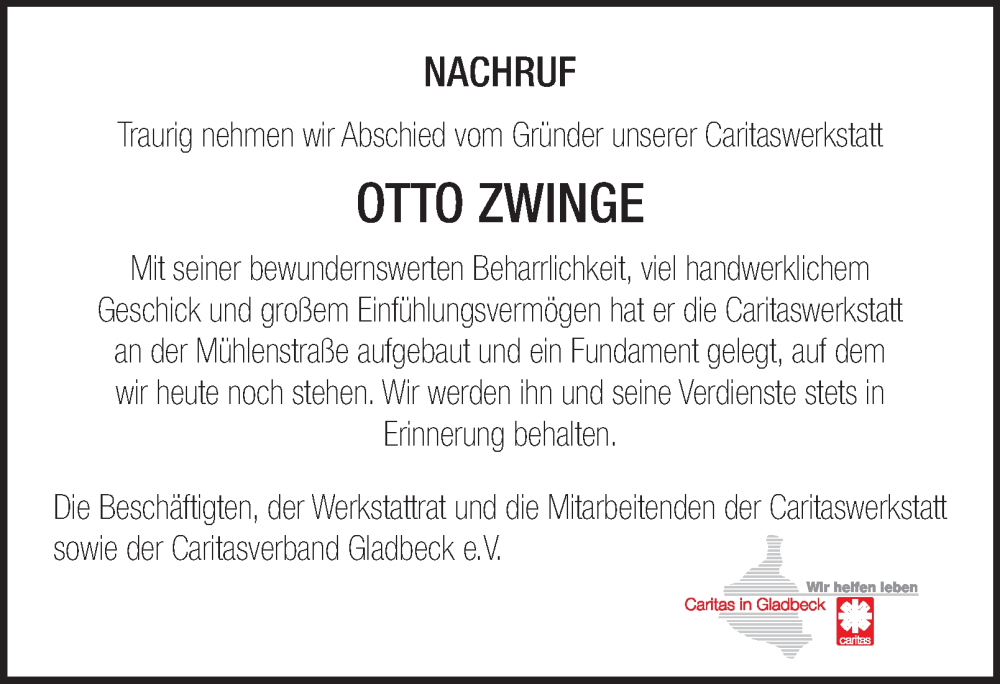  Traueranzeige für Otto Zwinge vom 04.11.2025 aus Tageszeitung