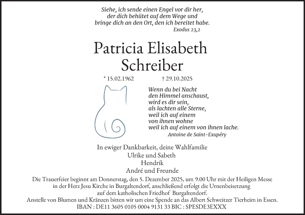  Traueranzeige für Patricia Elisabeth Schreiber vom 22.11.2025 aus Tageszeitung