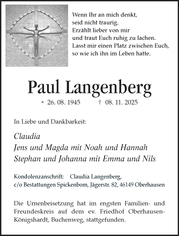  Traueranzeige für Paul Langenberg vom 29.11.2025 aus Tageszeitung