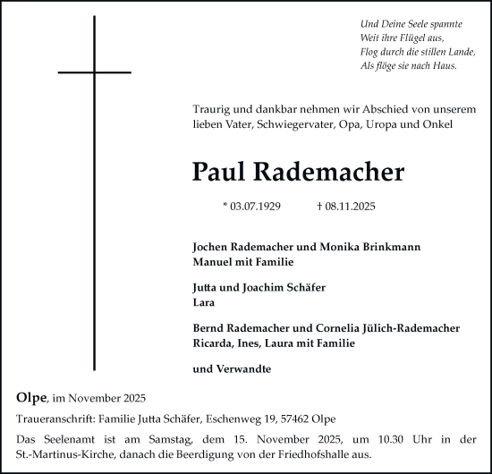 Traueranzeige von Paul Rademacher von Tageszeitung