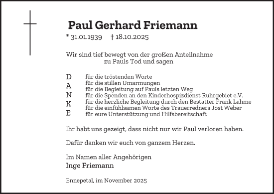 Traueranzeige von Paul Gerhard Friemann von Tageszeitung