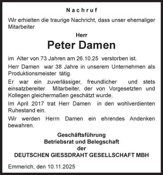 Traueranzeige von Peter Damen von Tageszeitung