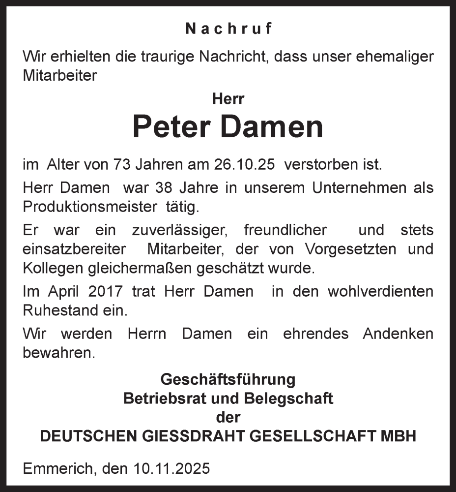  Traueranzeige für Peter Damen vom 15.11.2025 aus Tageszeitung