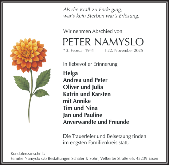 Traueranzeige von Peter Namyslo von Tageszeitung