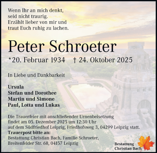 Traueranzeige von Peter Schroeter von Tageszeitung