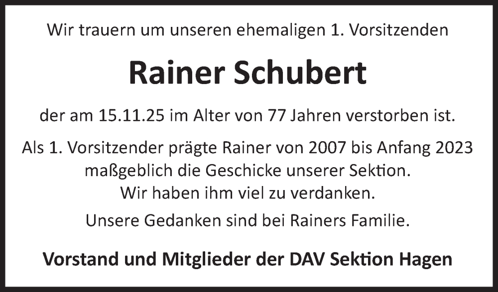  Traueranzeige für Rainer Schubert vom 29.11.2025 aus Tageszeitung
