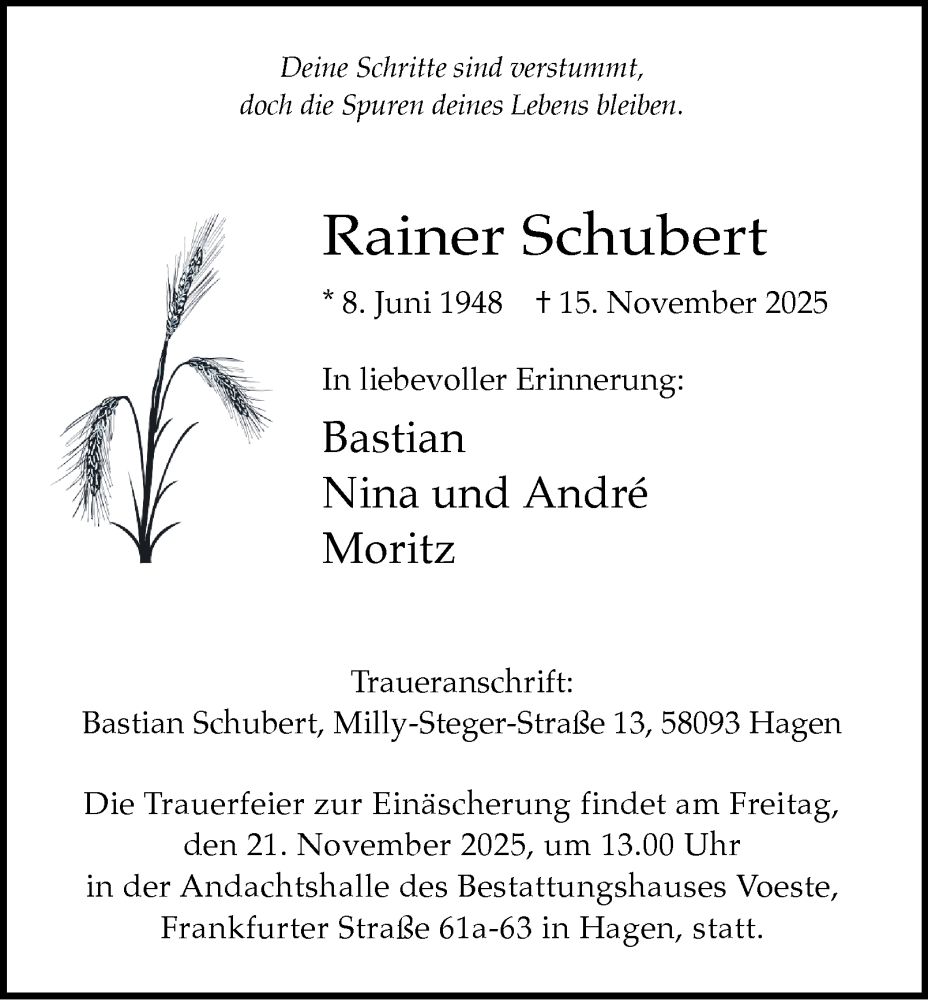  Traueranzeige für Rainer Schubert vom 19.11.2025 aus Tageszeitung