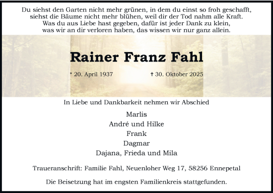 Traueranzeige von Rainer Franz Fahl von Tageszeitung