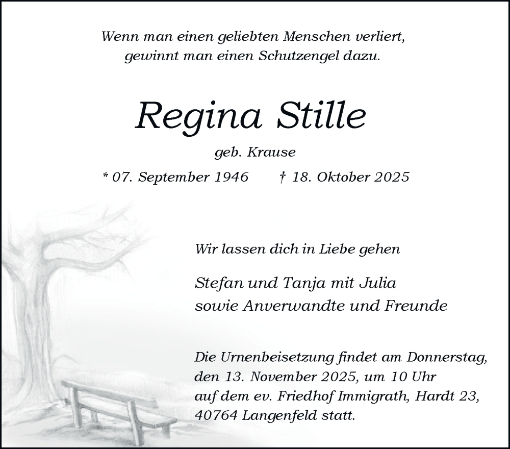  Traueranzeige für Regina Stille vom 08.11.2025 aus Tageszeitung
