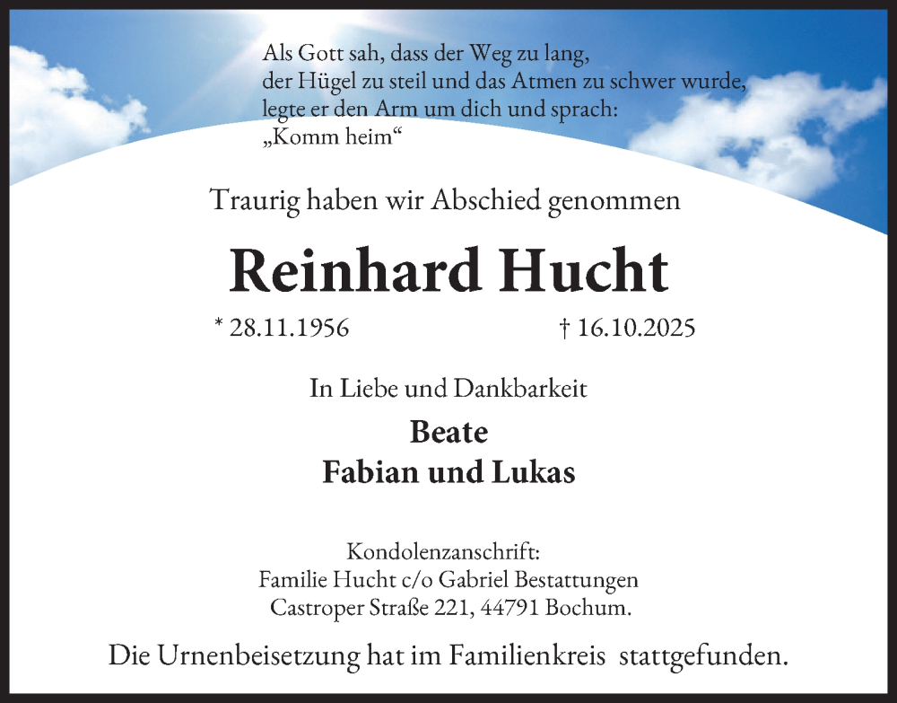  Traueranzeige für Reinhard Hucht vom 08.11.2025 aus Tageszeitung