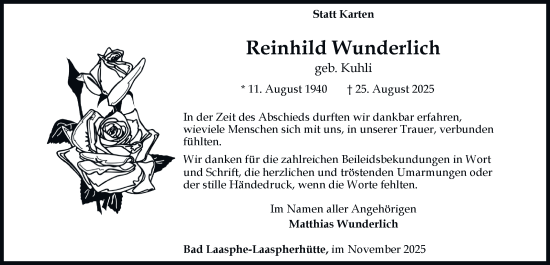 Traueranzeige von Reinhild Wunderlich von Tageszeitung