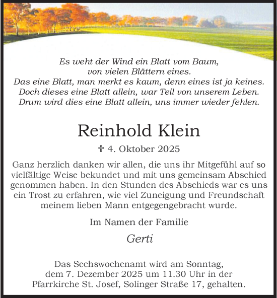 Traueranzeige von Reinhold Klein von Tageszeitung