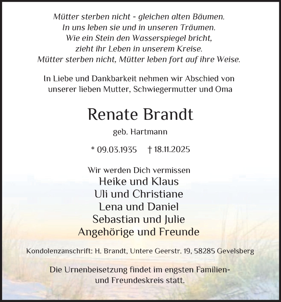  Traueranzeige für Renate Brandt vom 29.11.2025 aus Tageszeitung