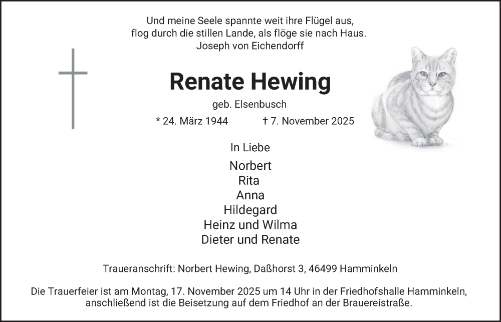  Traueranzeige für Renate Hewing vom 15.11.2025 aus Tageszeitung
